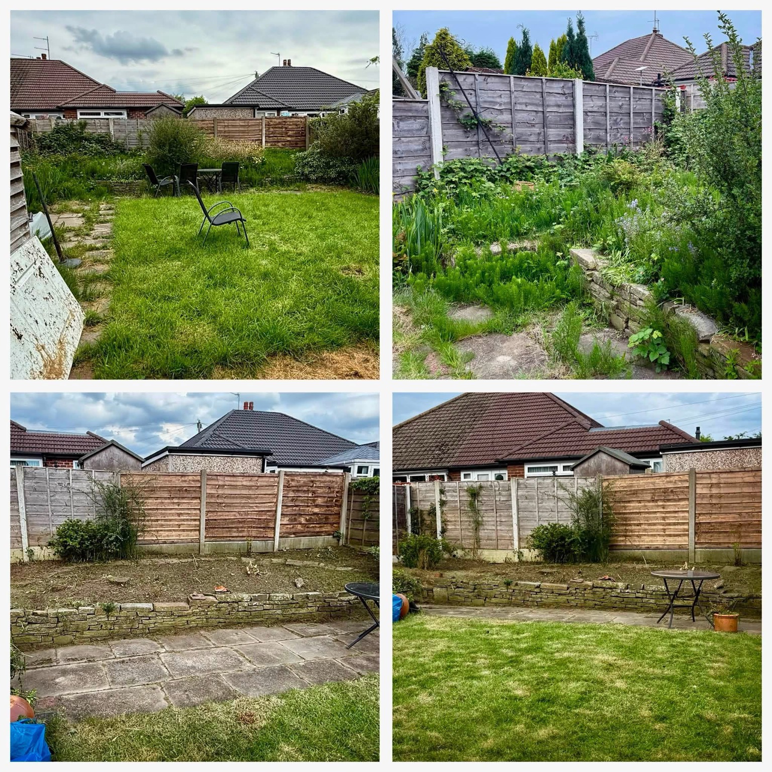 Before-and-after examples of overgrown garden areas cleared and tidied